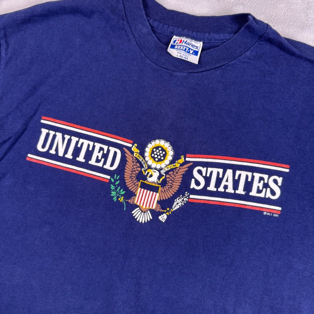 Vintage 1985 Hanes Beefy-T United States Eagle Graphic Navy Blue T-Shirt Large